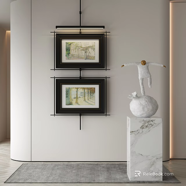 Two Framed Artworks And White Sculpture On Marble Pedestal In Modern Interior 3d model 