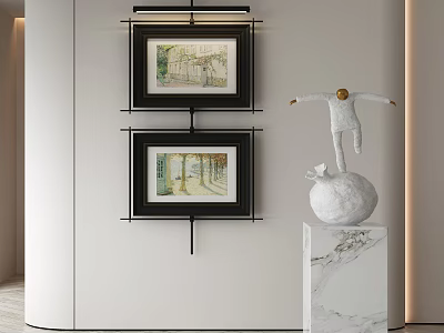 Two Framed Artworks And White Sculpture On Marble Pedestal In Modern Interior 3d model