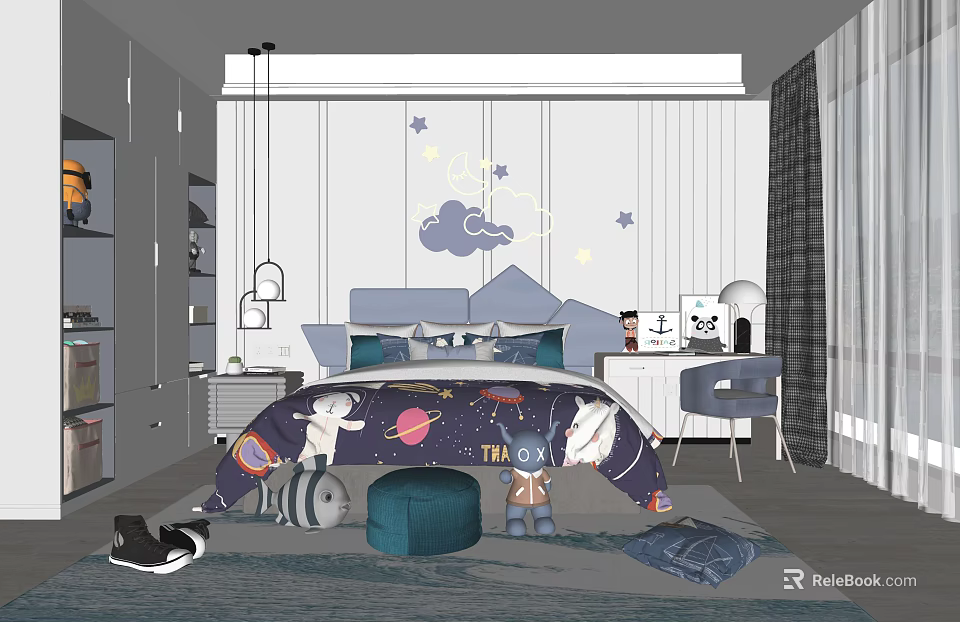 Kids Room Interior With Starry Bedding Star Cloud Decorations Bed And Toys 3d model 