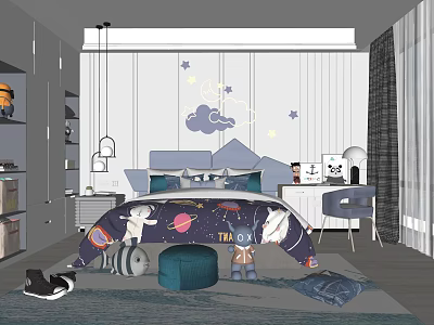 Kids Room Interior With Starry Bedding Star Cloud Decorations Bed And Toys 3d model