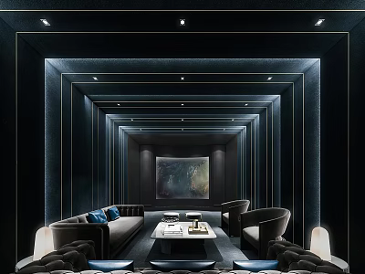 Modern Home Theater Interior Design With Comfortable Sofa Coffee Table And Artwork 3d model