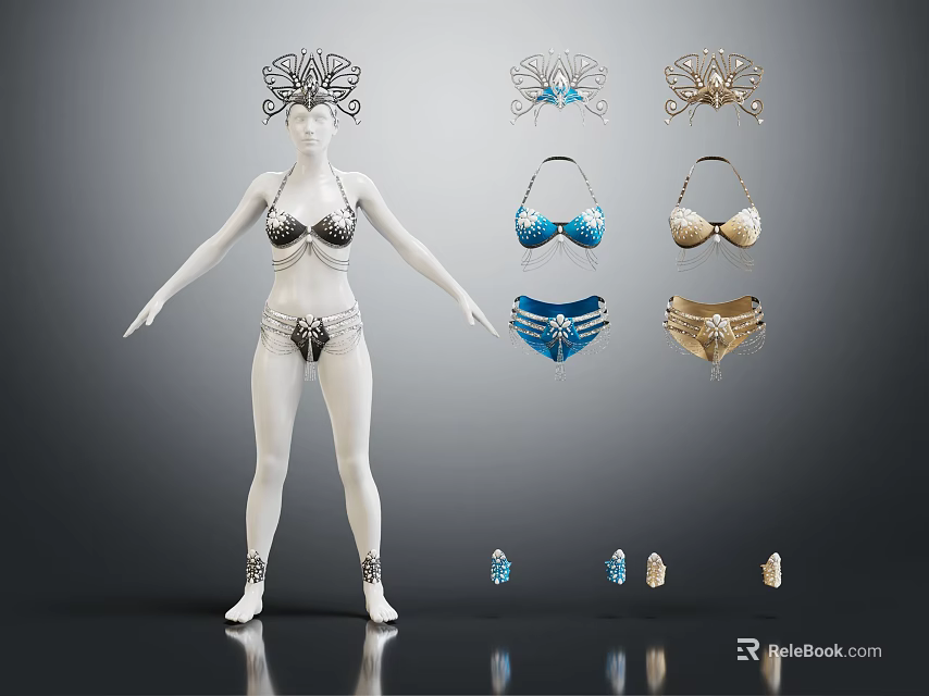 White Female Mannequin Showcasing Bikini Collection With Different Styles And Earrings 3d model 