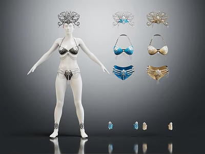 White Female Mannequin Showcasing Bikini Collection With Different Styles And Earrings 3d model