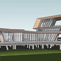 Modern Sales Office Building With Glass Curtain Wall Unique Roof Structure And Exterior Lighting