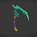 Green Crystal Bladed Weapon With Purple Wrapped Handle And Golden Base