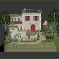 Cartoon Villa Scene with Solar Panels Garden Pool Trees and Outdoor Lounge Chairs