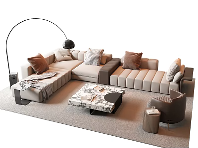 Elegant Modern Sectional Sofa Set With Marble Coffee Table Decorative Pillows And Floor Lamp 3d model