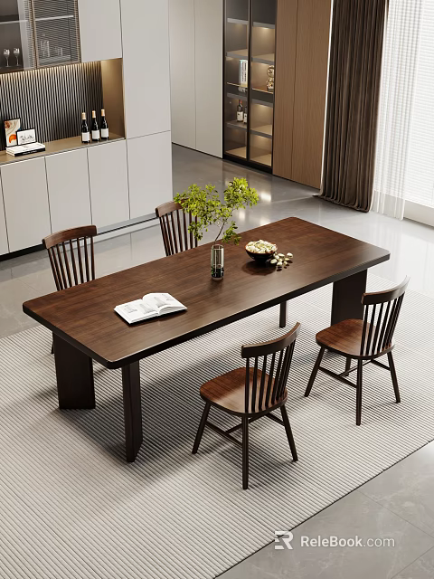 Dark Wooden Dining Table Set With Four Chairs Open Book Green Plant And Fruit Bowl 3d model 