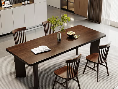Dark Wooden Dining Table Set With Four Chairs Open Book Green Plant And Fruit Bowl 3d model