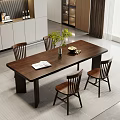 Dark Wooden Dining Table Set With Four Chairs Open Book Green Plant And Fruit Bowl