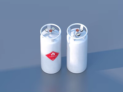 Two White Cylindrical Household Gas Cylinders With Red Warning Labels For Daily Use 3d model