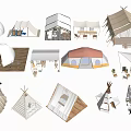 Various Types of Tents in Different Colors with Wooden Frames and Furniture