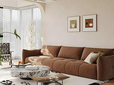 Modern Living Room Interior With Brown Sofa Marble Coffee Table Wall Art And Green Plant 3d model