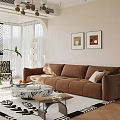 Modern Living Room Interior With Brown Sofa Marble Coffee Table Wall Art And Green Plant