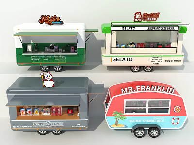 Colorful Mobile Food Trucks With Ice Cream Snacks And Beverage Displays 3d model