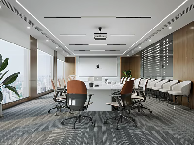 Modern Conference Room Interior With Large Windows Conference Table Projector And Chairs 3d model