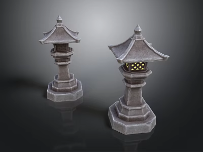 Traditional Japanese Style Stone Lanterns With Hexagonal Pedestal And Lattice Light Design 3d model