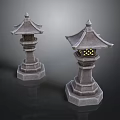 Traditional Japanese Style Stone Lanterns With Hexagonal Pedestal And Lattice Light Design