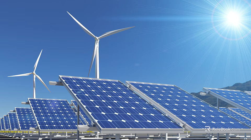 Modern Home Electrical Appliances Powered By Solar Panels Wind Turbines And Sun 3d model 