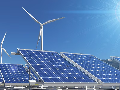Modern Home Electrical Appliances Powered By Solar Panels Wind Turbines And Sun 3d model
