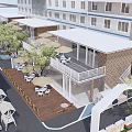 Modern Commercial Street Featuring Multi Story Buildings Outdoor Seating Trees And Terraces