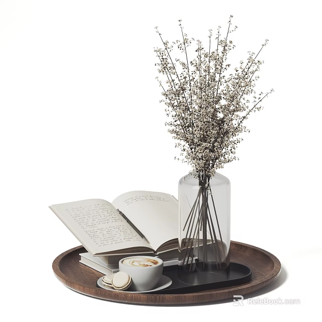 Elegant Decorative Ornament Set with Open Book Coffee Cup and Glass Vase on Wooden Tray 3d model 
