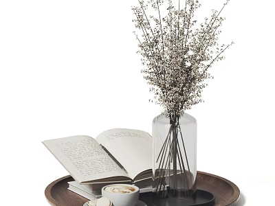 Elegant Decorative Ornament Set with Open Book Coffee Cup and Glass Vase on Wooden Tray 3d model