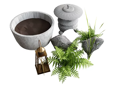Natural Style Decorative Ornament Set with Stone Basin Metal Lantern Fern Plants and Rocks 3d model