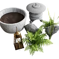 Natural Style Decorative Ornament Set with Stone Basin Metal Lantern Fern Plants and Rocks