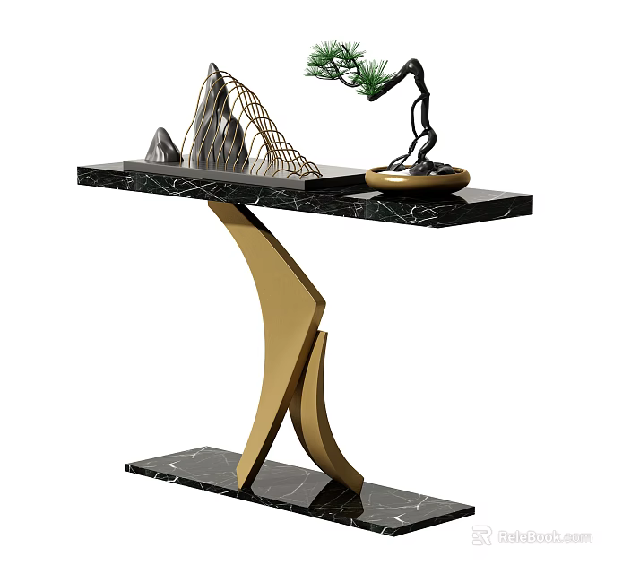 Elegant Console Table With Black Marble Top Golden Curved Base And Bonsai Plant 3d model 