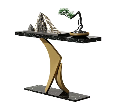 Elegant Console Table With Black Marble Top Golden Curved Base And Bonsai Plant 3d model