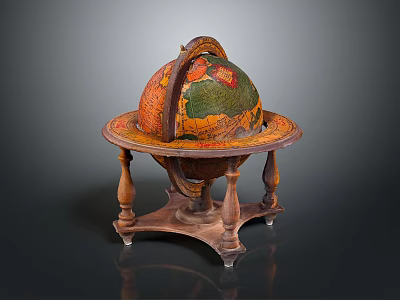Vintage Globe With Wooden Carved Base And Colorful Map As Decorative Home Accessory 3d model