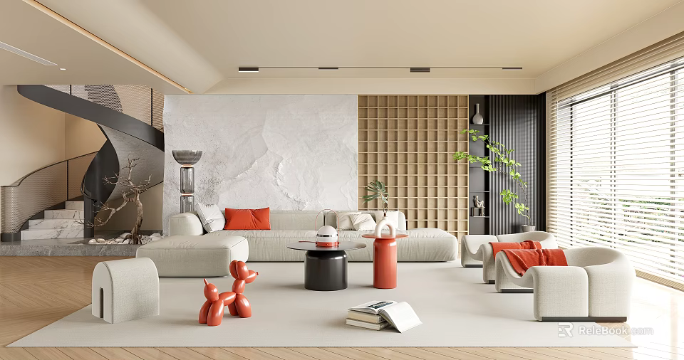 Modern Living Room Interior With Beige Sofa Red Cushions Black Coffee Table And Green Plant 3d model 