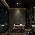 Luxury SPA Sauna Room Interior With Massage Bed Bathtub And Stone Wall Lighting