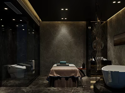 Luxury SPA Sauna Room Interior With Massage Bed Bathtub And Stone Wall Lighting 3d model