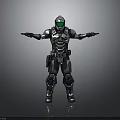 Futuristic Warrior in Silver Black Armor with Green Visor Standing Arms Outstretched