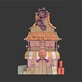 Cartoon Scene Japanese Style Wooden Building With Tiled Roof Gear Decorations Awning Red Barrels Cards