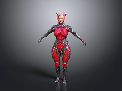 Futuristic Female Cyborg With Red Mechanical Armor And Pink Horns Design 3d model