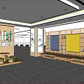 School Library Interior With Wooden Bookshelves Reading Area Benches And Decorative Paintings
