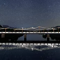 Scenic Landscape Bridge Over Water With Sail Canopy Greenery Reflection And Modern Buildings
