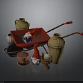 Garden Decor Arrangement With Red Wheelbarrow Ceramic Jugs Flower Pot And Gnomes