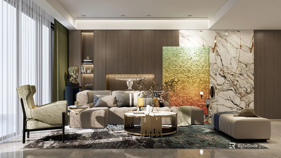 Elegant Modern Living Room With Sofa Coffee Table Combination Light Beige Sofa And Marble Wall 3d model 
