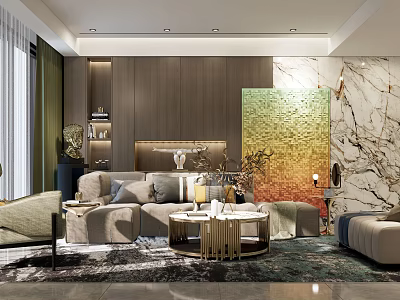 Elegant Modern Living Room With Sofa Coffee Table Combination Light Beige Sofa And Marble Wall 3d model