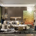 Elegant Modern Living Room With Sofa Coffee Table Combination Light Beige Sofa And Marble Wall