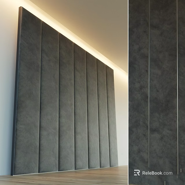 Gray Upholstered Wall Panel Design With Vertical Stripes And Ambient Lighting 3d model 