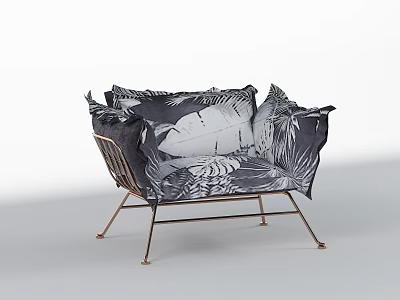 Stylish Single Sofa with Golden Metal Frame and Black White Leaf Pattern Fabric 3d model