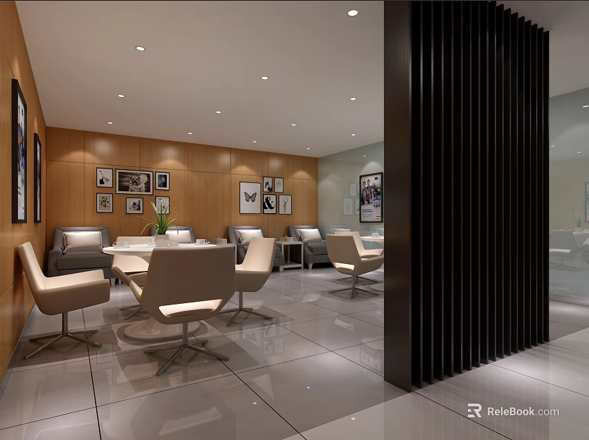 Modern Hotel Public Lounge Area With Comfortable Seating And Wooden Wall Artwork 3d model 