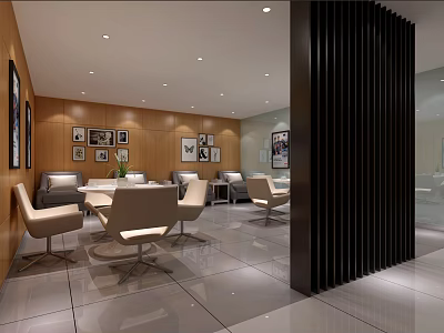 Modern Hotel Public Lounge Area With Comfortable Seating And Wooden Wall Artwork 3d model