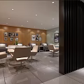 Modern Hotel Public Lounge Area With Comfortable Seating And Wooden Wall Artwork