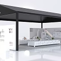Modern Exhibition Booth Design With White Display Tables Product Racks Green Plants And Signage